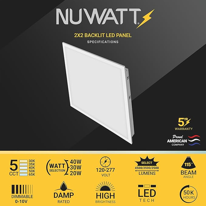 NUWATT 40 Pack 2x2 LED Flat Panel Lighting, Drop Ceiling Light Wattage - Image 2