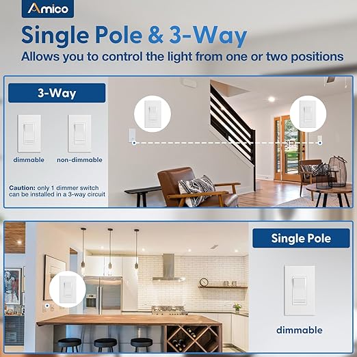 Amico 12 Pack Light Dimmer Switch, No Neutral Wire, Single Pole or 3-Way - Image 4
