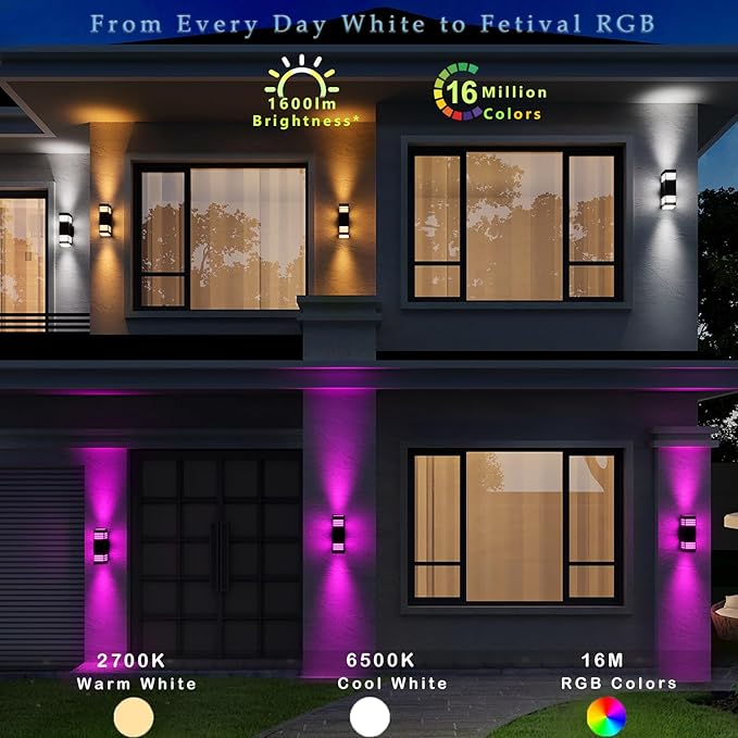 rosykite Smart Outdoor Sconce Lights 2 Pack, Up Down Wall Porch Lights RGB - Image 3
