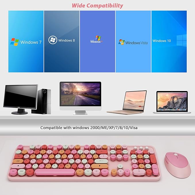 KOOTOP Cute Pink Wireless Keyboard and Mouse, 2.4G Retro Round Keycap - Image 6