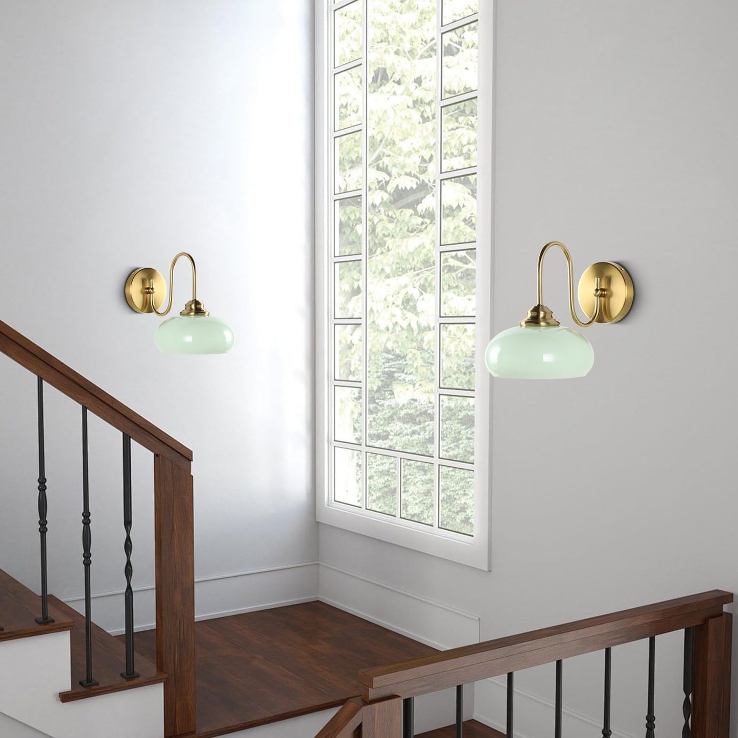 KCO Mid Century Modern Mint Green Dome Glass Wall Sconce with Curved Arm | E26 Base Hardwired, Up/Down Mounted, Vintage Bathroom Vanity Light Fixture, Brass Gold Wall Lamp for Bedroom Hallway Entryway