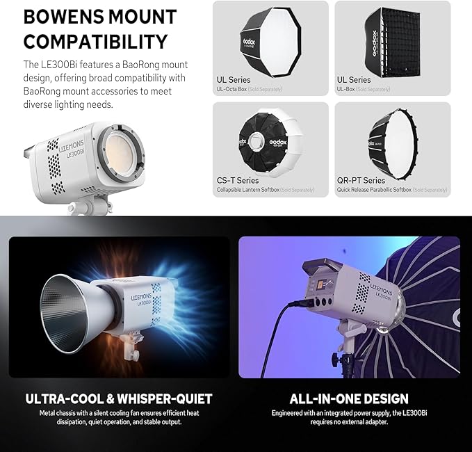 Godox Litemons LE300Bi 300W Bicolor LED Video Light, 58900Lux@1M Studio Light - Image 6