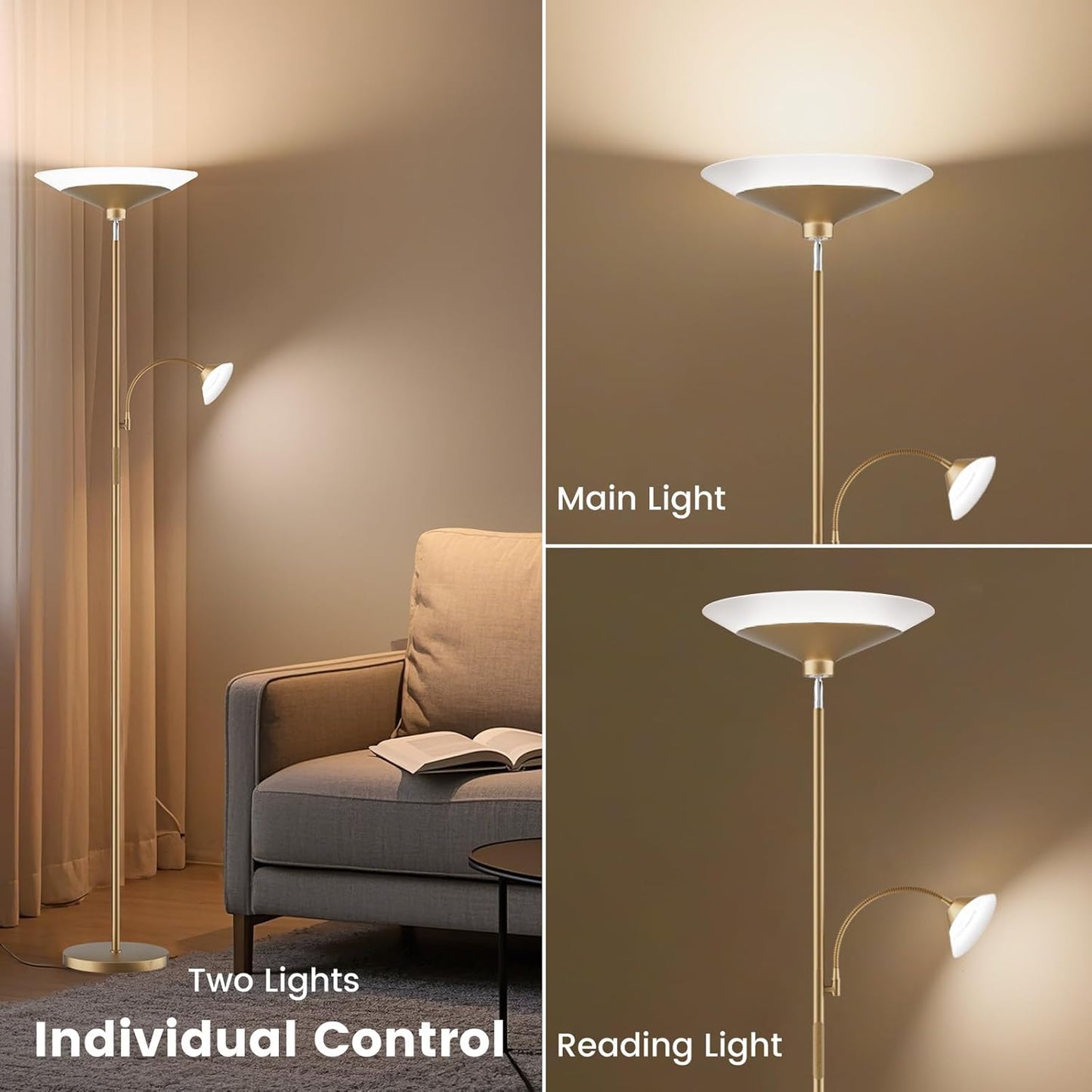 Gold Torchiere Floor Lamp - 2 Way LED Standing Lamp with Reading Light, Dimmable 72'' Tall Lamp with Remote Color Changing, 34W Mordern Uplighter for Living Room Bedroom Office
