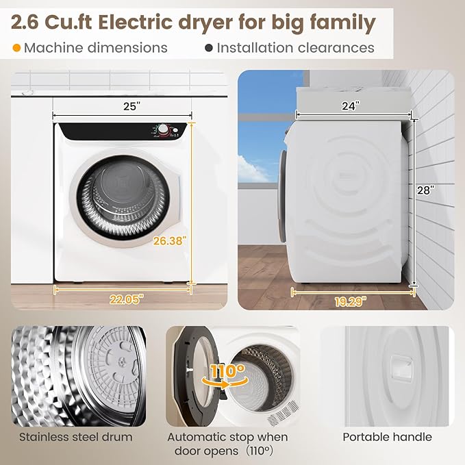 VCJ 2.6 cu.ft Portable Dryer, 1400W Electric Clothes Dryer - Image 4