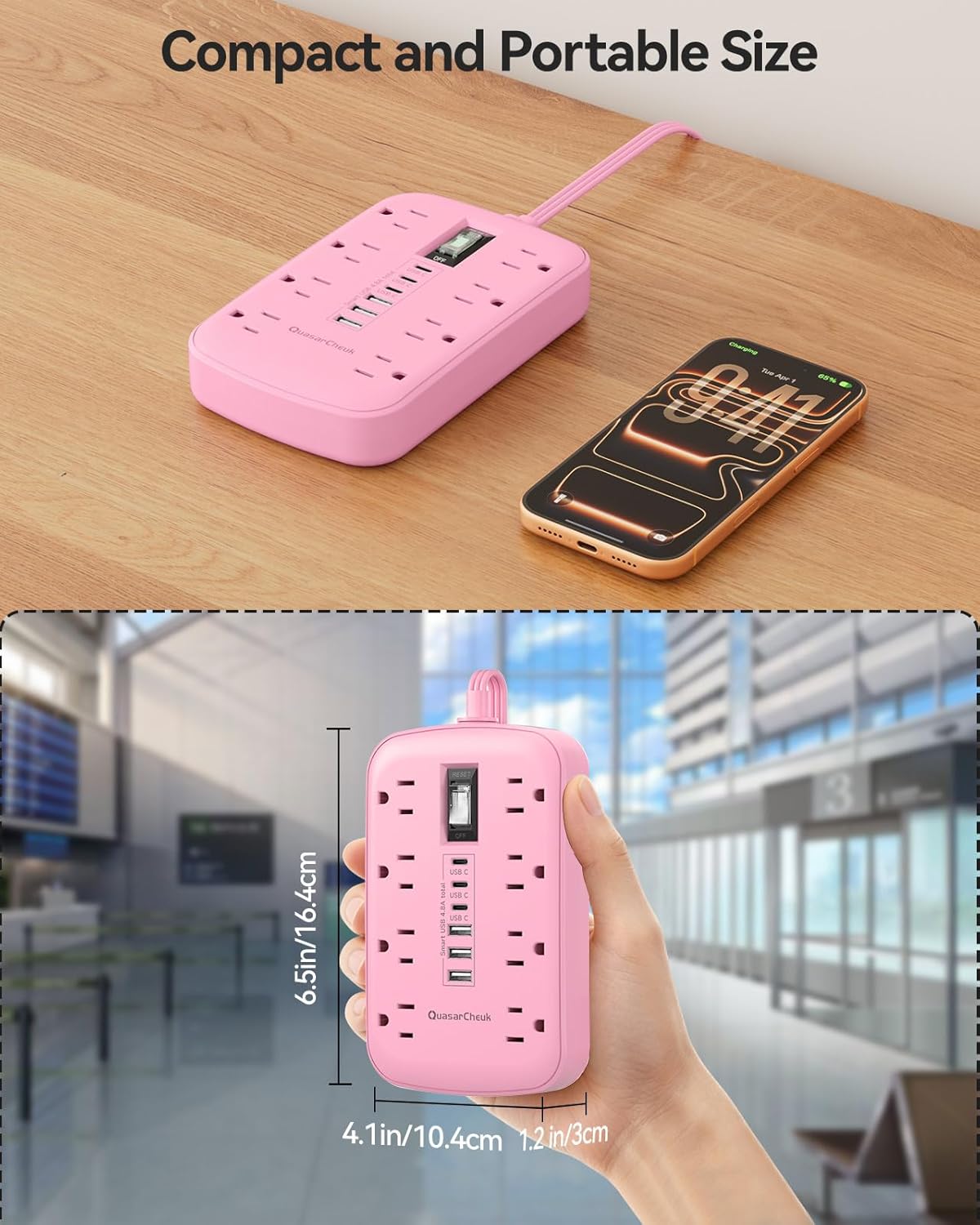 Pink Extension Cord with Surge Protector - 5 FT Kawaii Power Strip | 1625W, Cute Extension Cord with 6 USB(3 USB-C) 8 Outlets, Pink Desk Accessories for Women Girl, Kawaii Room Decor Office Dorm