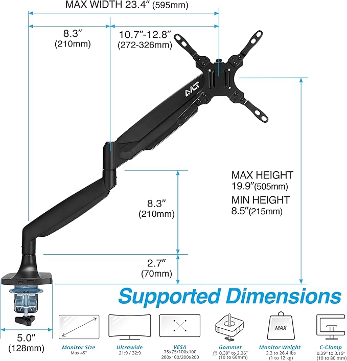 AVLT Single 17"-45" Monitor Arm Desk Mount Premium Mechanical Spring fits One - Image 2
