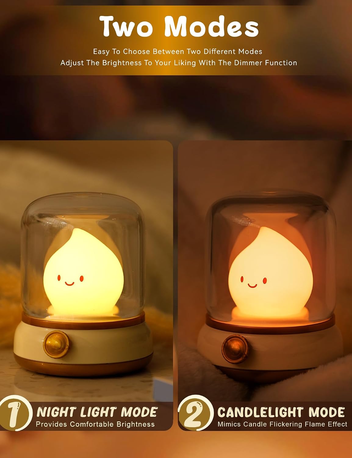 WANIDEA Night Light for Kids, Rechargeable Night Light for Bedroom | Stepless Dimming, Retro Flame, Room Decor, Warm Candlelight, Gifts for Kids, Bedside Lamp With USB-C Charging Cable