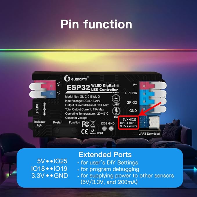 ESP32 WLED LED Strip Light Controller 15A Fuse Link Built in Mic UART Type-C - Image 5