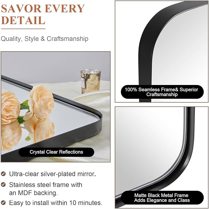 ANDY STAR Wall Mirror for Bathroom, 30x36 Matte Black Bathroom Mirror, Modern - Image 6