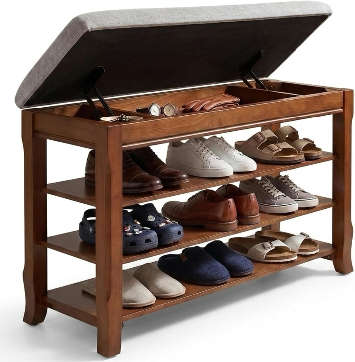 solid wood shoe rack bench with storage, flip-top, main product view