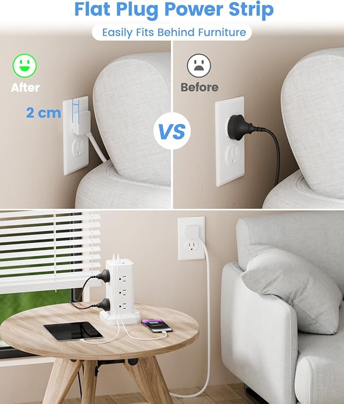 Power Strip Tower with Surge Protector 1800J, Fast Charging Tower PD20W USB-C - Image 4