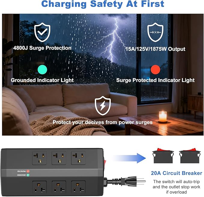 JUNNUJ Heavy Duty Surge Protector Power Strip - Image 2