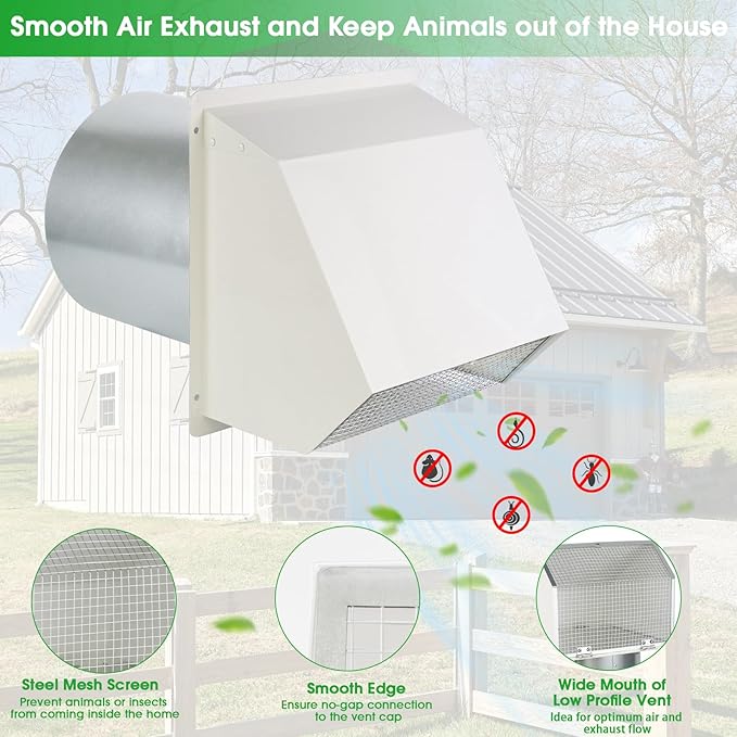 10 Inch Hooded Wall Vent with Screen and Damper, Outdoor Wall Exhaust Vent - Image 3