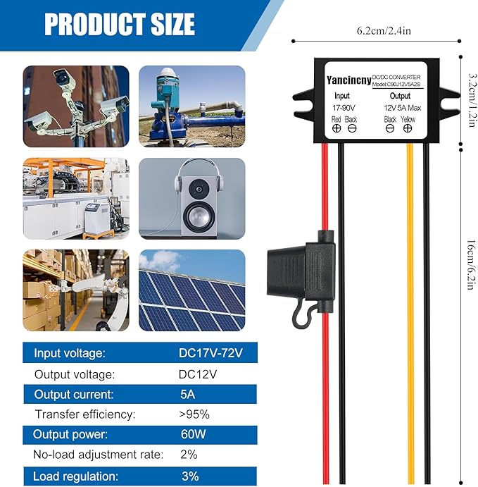Yancincny DC 24V 36V 48V 60V 72V 84V 90V Step Down to 12V 5A 60W Converter - Image 7