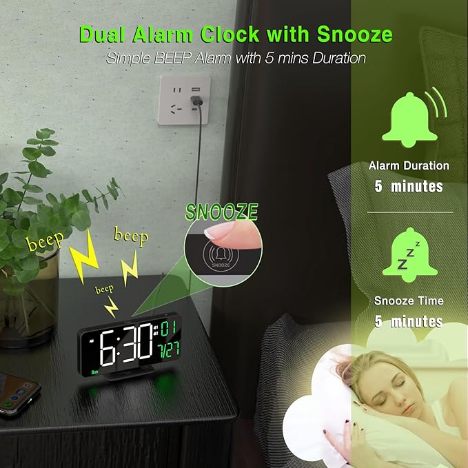 KOSUMOSU Digital Clock for Bedroom, 6.7in Black Alarm Clocks for Bedrooms - Image 6