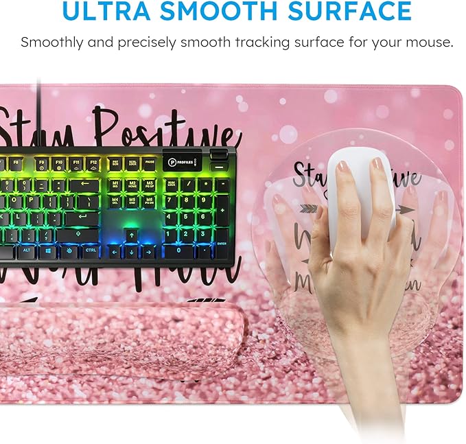 iCasso Mouse Pad, Large Pink Desk Mat Set, 4in1 XXL Mousepad + Keyboard Wrist - Image 5