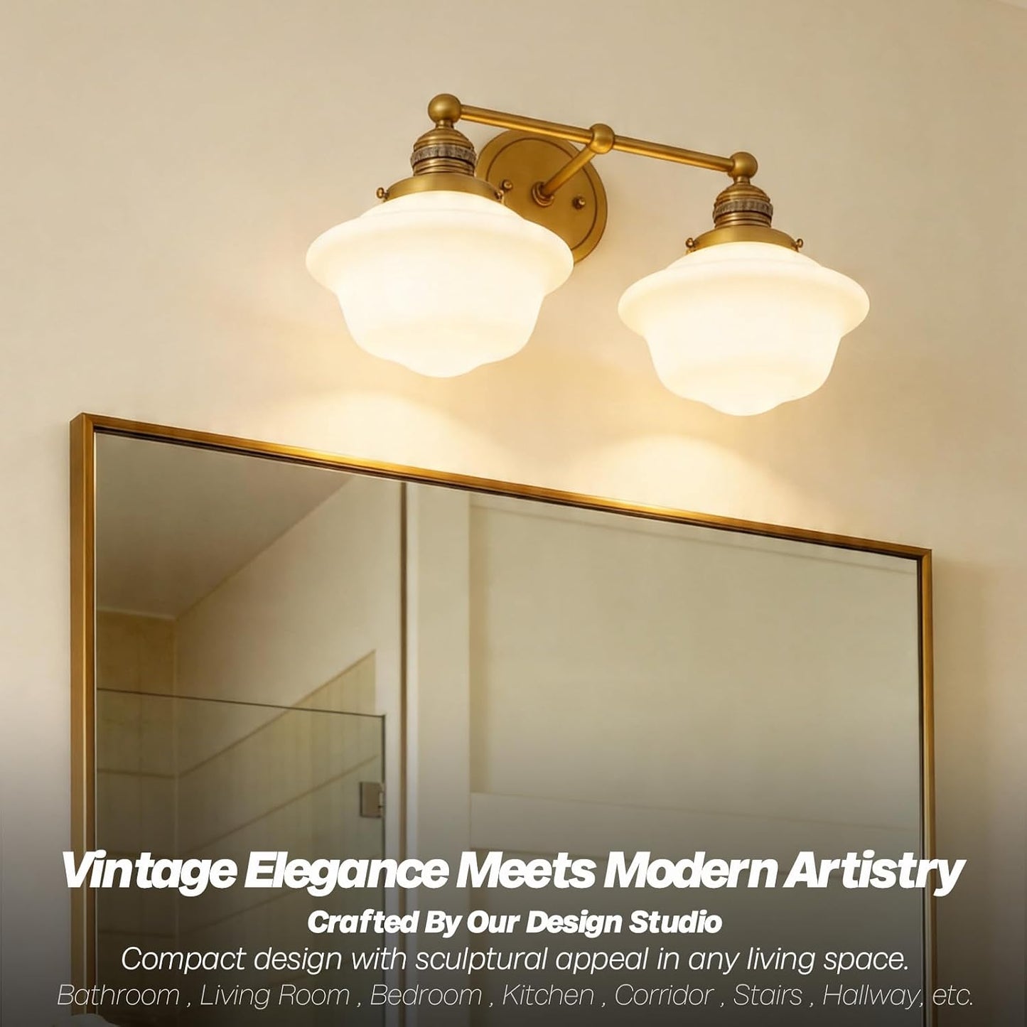 Vintage 2-Lights Wall Sconce Lights Brass Gold Bathroom Vanity Light with Milk Glass Double Sconce Wall Mounted Lamp for Bedroom Living Room Bathroom Mirror Kitchen Hallway Hardwire