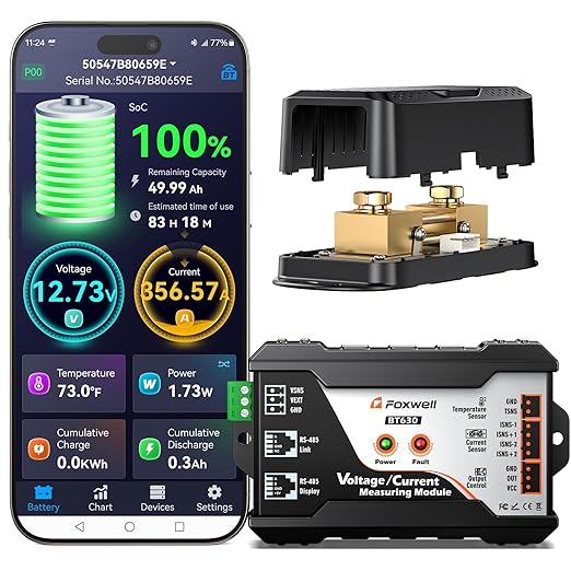 600A Shunt Battery Monitor, 0-120V Bluetooth Amp/Volt/Watt/Capacity Monitor by FOXWELL