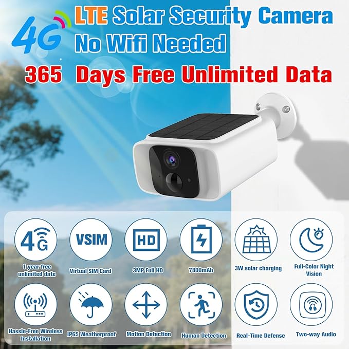 4G LTE Cellular Solar Security Camera Outdoor, 365 Days Free Unlimited Data - Image 2
