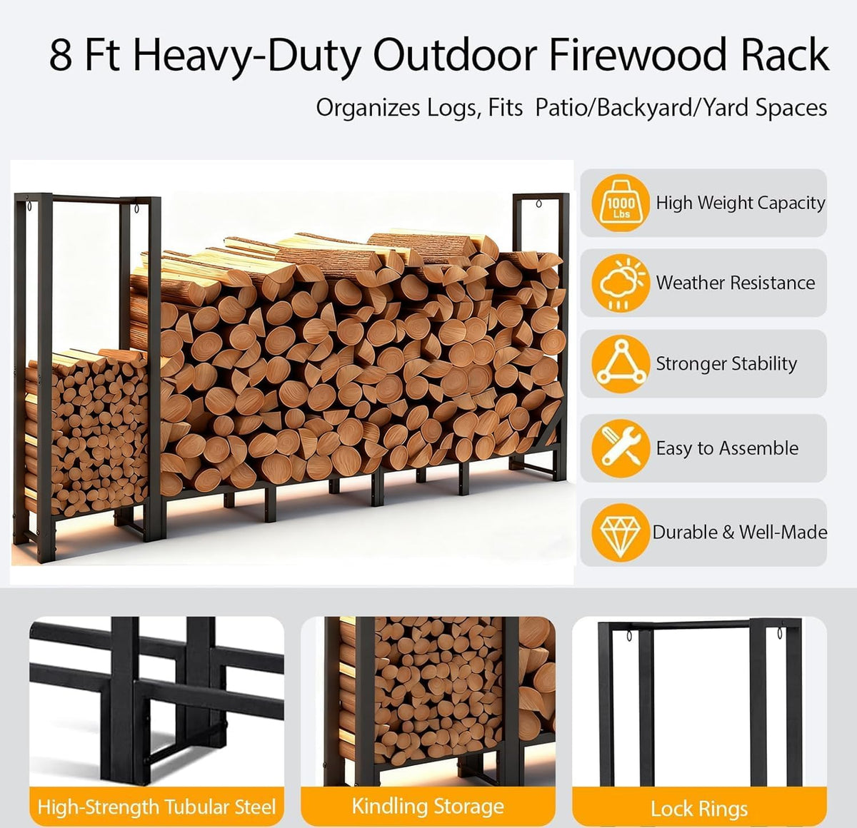 8ft heavy duty firewood rack with kindling storage,black showing dimensions