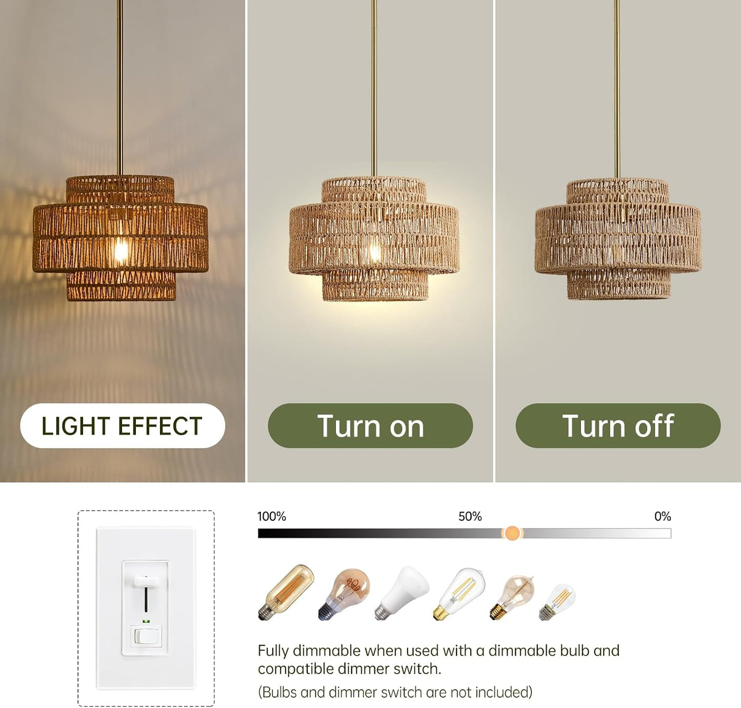 12.4" Rattan Pendant Light for Kitchen Island, Boho Chandelier | 1-Light, Hand Woven, No Assembly, Gold Hardware, Farmhouse Coastal Drum Wicker Light Fixture Dining Room Hallway Entryway