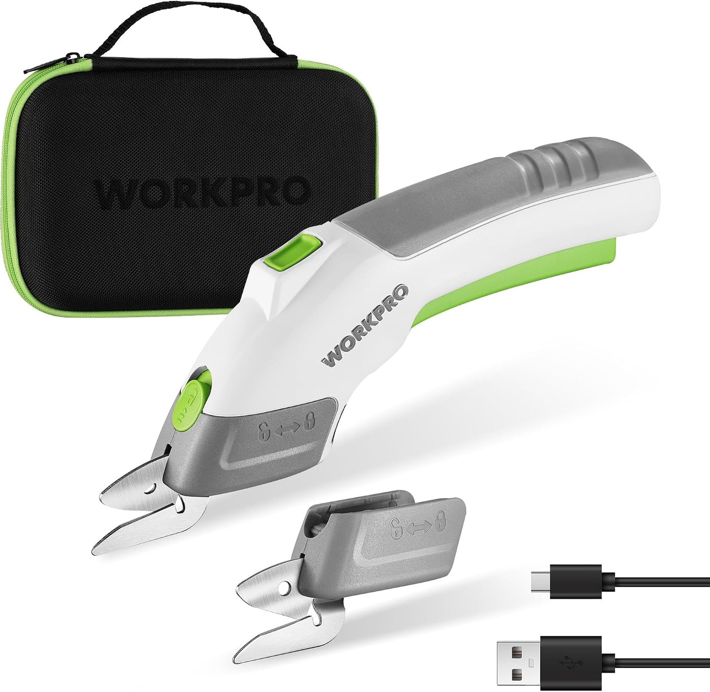 WORKPRO Cordless Electric Scissors with 2 Blades, Rechargeable Power Shears | Fabric Cutting, Leather, Carpet, Cardboard, Ergonomic Grip, Portable Design, Sewing, Scrapbooking, Craft Projects