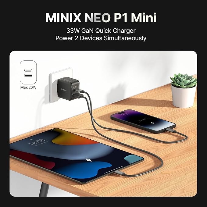 MINIX P1 Mini 30W USB C Charger, 33W PPS 2-Port GaN Charger 1 USB-C Port - Image 3