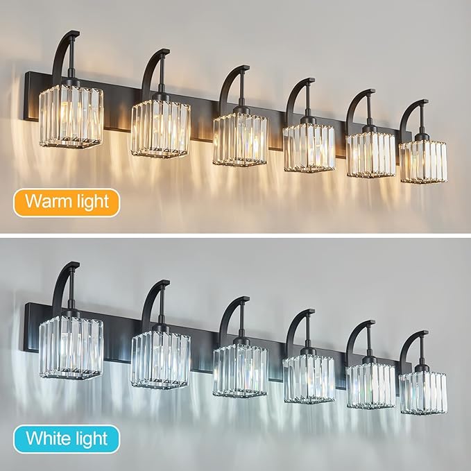 FDPBY Crystal Vanity Lights 6-Light Black Bathroom Vanity Lights Modern Crystal - Image 3