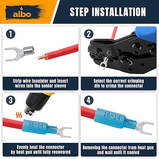 ALBO 350PCS Heat Shrink Fork Spade Connectors Kit #10 – 22-10 AWG Tinned Copper - Image 3