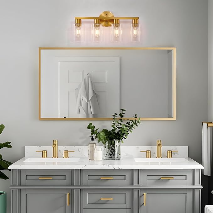 4 Light Gold Bathroom Vanity Light, Brushed Brass Bathroom Light Fixtures - Image 2