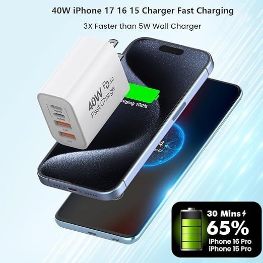 40W iPhone 17/16/15 Fast Charger, PD 40W Type C Apple Charger 4 Port Wall Plug - Image 2