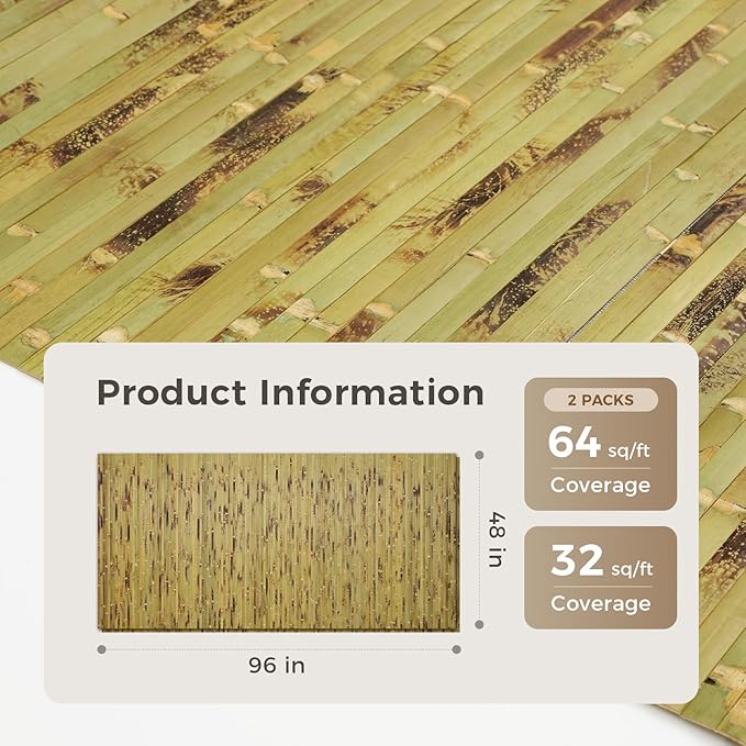 OUZUGIE 2 Pack 96x48 Inch Natural Bamboo Wall Panel – Green Burned Pole Wrap - Image 2