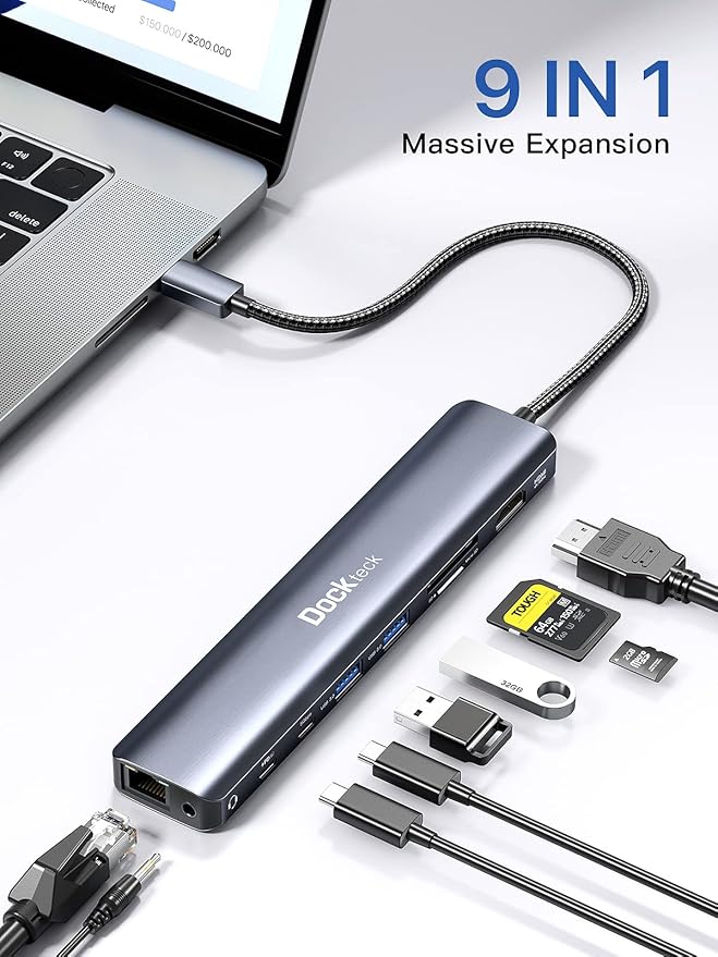 Dockteck 9-in-1 USB-C Hub: HDMI 4K@60Hz, 100W PD, 2x USB-A 5 Gbps, SD/TF Card - Image 2
