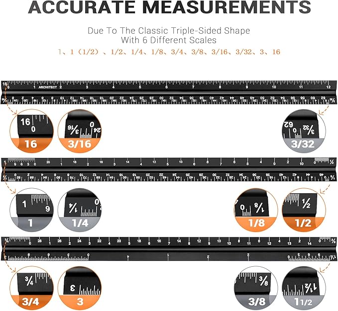12" Architectural Scale Ruler Aluminum Architect Scale Triangular Scale Ruler - Image 3