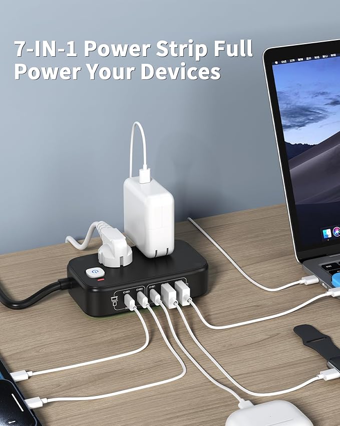 KWRNVO 7-in-1 Power Strip, 85W PD USB C Power Strip - Image 2