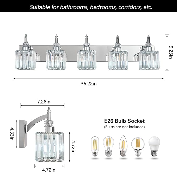 BBLLWJ Crystal Vanity Lights Chrome 5 Light Bathroom Light Fixtures Over Mirror - Image 4