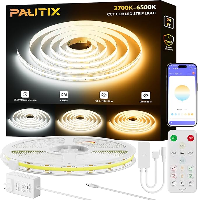 PAUTIX COB LED Strip Lights 2700K-6500K CCT Tunable White 24ft UL-Listed by PAUTIX