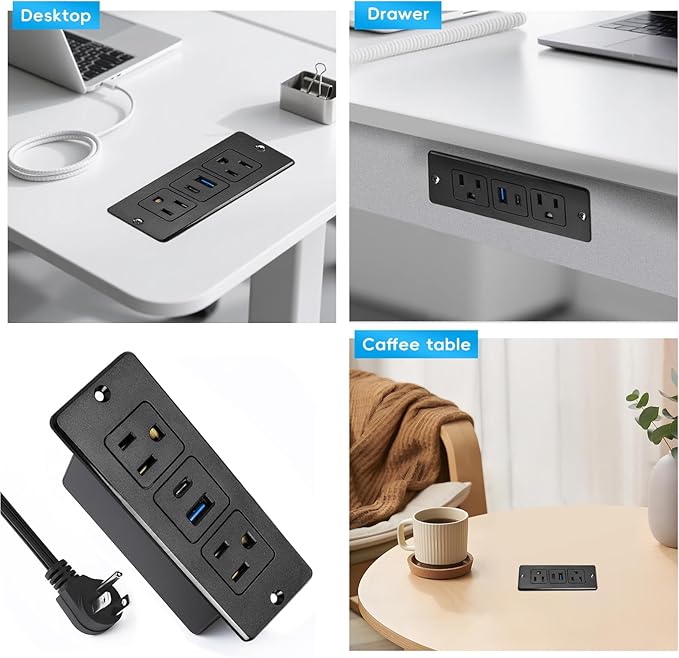 Havorbit 20W Recessed Power Strip USB, 2 AC Outlets + 1 USB-C + 1 USB-A Ports - Image 7