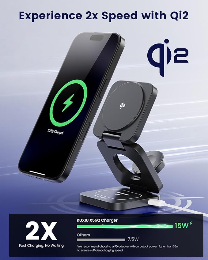 KU XIU X55Q Foldable 3 in 1 Magnetic Wireless Charger, 15W Qi2 Fast Charge - Image 2