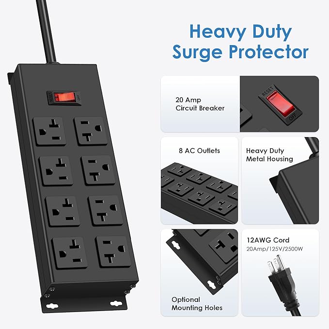 JUNNUJ Heavy Duty 20 Amp Power Strip, Garage 8 Outlets Metal 12 Gauge Surge - Image 6