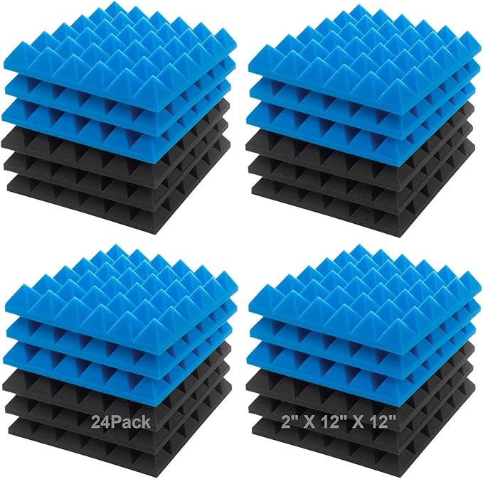 JBER Acoustic Sound Foam Panels, 24 Pack 2" X 12" X 12" Blue and Black by JBER