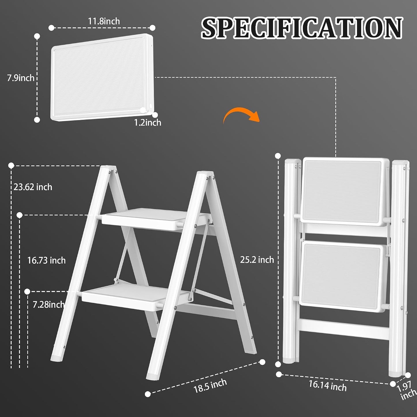 2 Step Ladder, Folding Step Stool with Anti-Slip Wide Pedal, Anti-Slip Feet, Sturdiest Steel Construction, 330lbs Capacity Steel Ladder for Home and Office, White