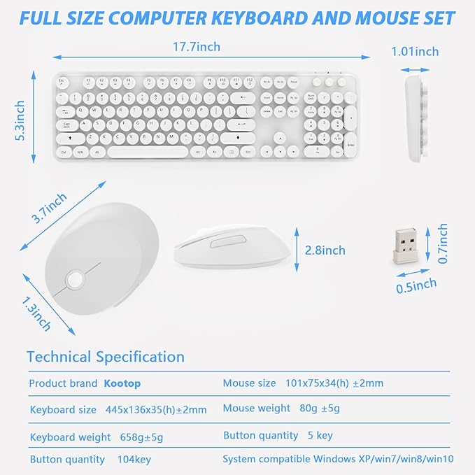 Wireless Keyboard Mouse Combo, 104 Keys Cute White Keyboard - Image 5