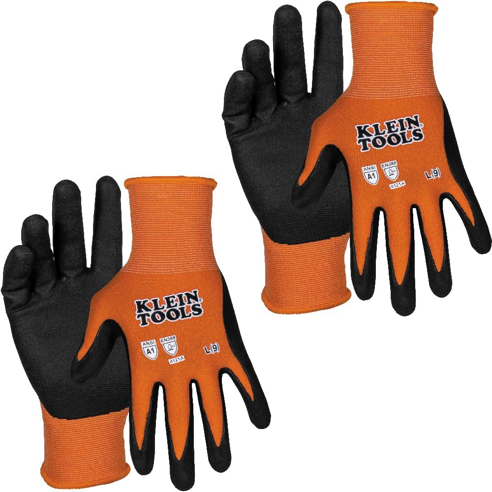 Klein Tools Folding Jab Saw & Cut Resistant Work Gloves Bundle - 31737 Carbon Steel Saw with Lockback & 60581 Nitrile Coated Nylon-Spandex Gloves, Large