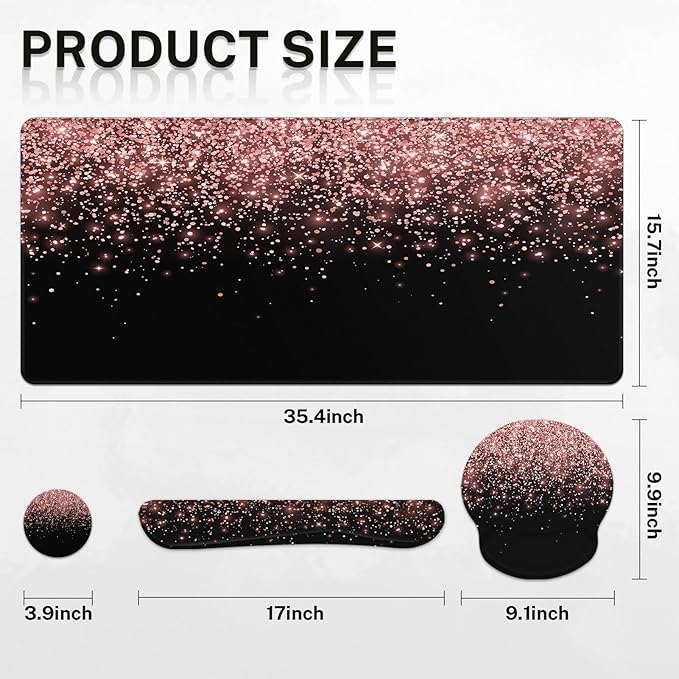 Britimes Rose Gold Pink Keyboard Mouse Pad Set Black Golden 4in1 Large - Image 2