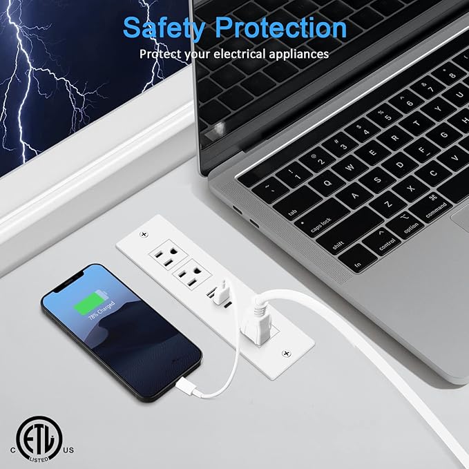 Recessed Power Strip, Furniture Plug in 3 Outlets & Fast Charging 20W PD USB-C - Image 4