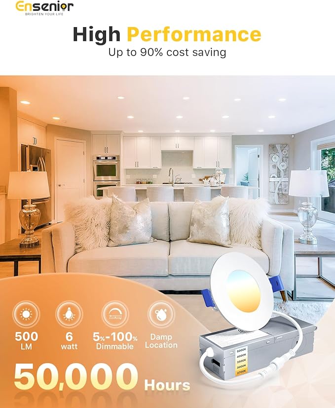 Ensenior 12 Pack 3 Inch LED Recessed Ceiling Light, 2700K-5000K 5CCT, 500LM 6W - Image 3