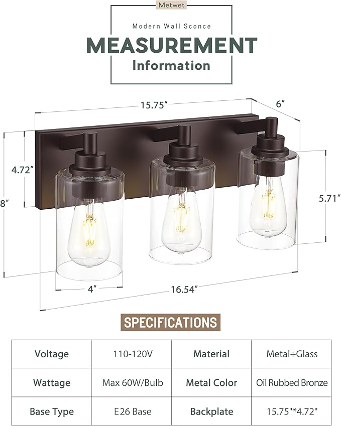 METWET 3-Light Bathroom Light Fixtures, Modern Vanity Light - Image 2