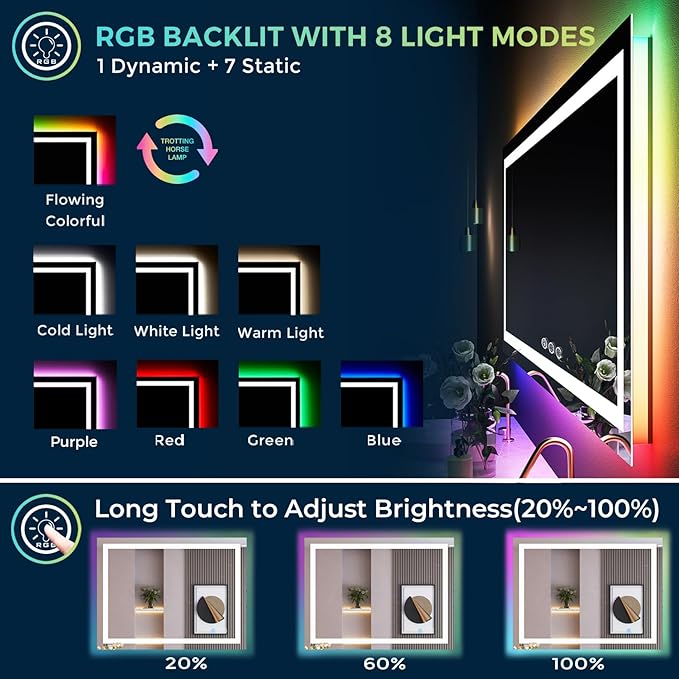 YEELAIT 57x36 Inch RGB LED Bathroom Mirror Front Light and RGB Backlit Lighted - Image 3