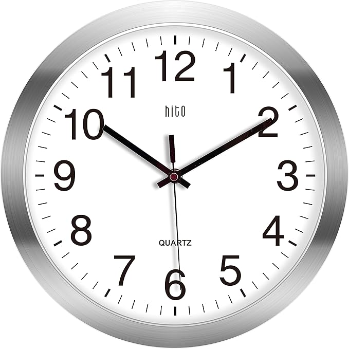 HITO 12 Inch Silent Wall Clock Battery Operated Non Ticking Glass Cover Silver by hito